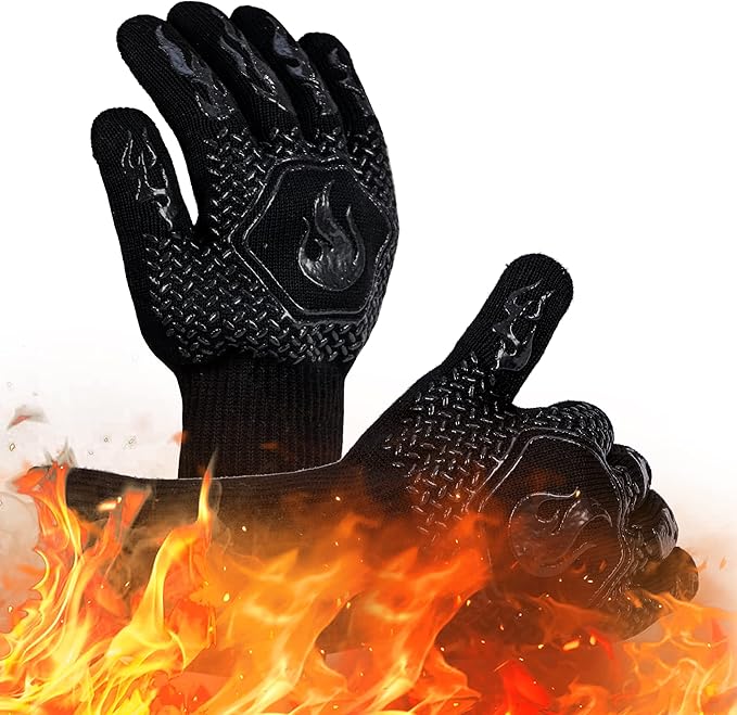 BBQ Fireproof Gloves, Grill Cut-Resistant Gloves 1472°F Heat Resistant Gloves, Non-Slip Silicone Oven Gloves, Kitchen Safe Cooking Gloves for Oven Mitts,Barbecue,Cooking, Frying, Black(2 Pairs)