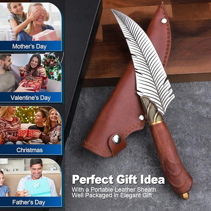 ROCOCO Feather Viking Boning Knife Japanese Forged in Fire Fancy Handmade Butcher Cleaver with Sheath Kitchen Outdoor Camping BBQ Collection Birthday Father Mother Christmas Day Gift 5.9"