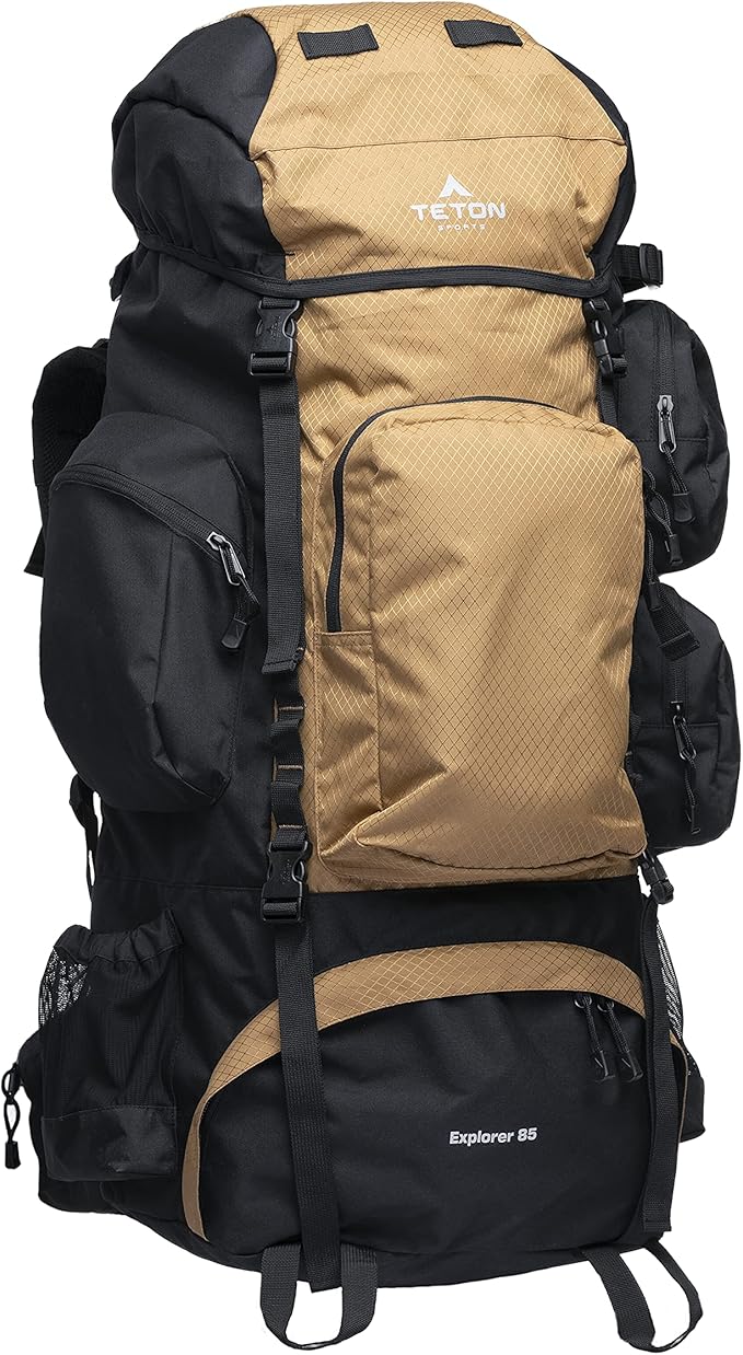 Teton 85L Explorer Internal Frame Backpack for Hiking, Camping, Backpacking, Rain Cover Included, Buck Brown