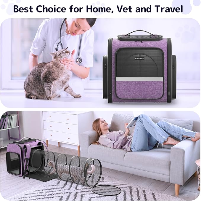 Pawtners Cat Backpack Carrier, Large Space Dog Backpack with Breathable Mesh, Expandable Pet Carrier Backpack for Small Medium Kitten Puppy Up to 18 Lbs, Suitable for Travel Hiking Camping Shopping