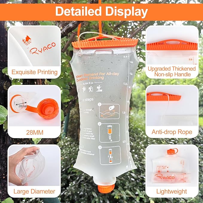 Ryaco Water Bag 2L Compatible with Sawyer Squeeze Water Filter, Outdoor Water Container, Water Filter Bag with Durable TPU Material Collapsible Hydration Canteens for Camping Hiking Cycling Fishing