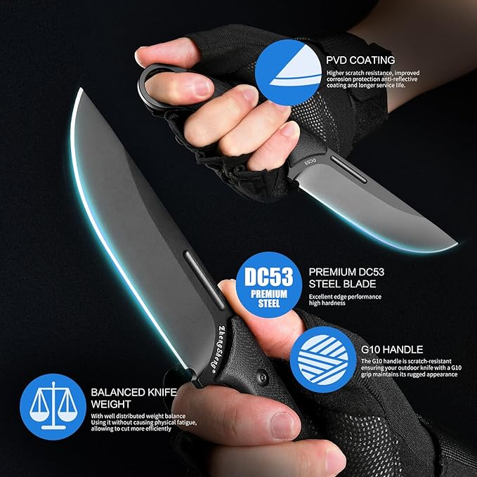 Fixed Blade Knife with Sheath, 4.0??DC53 Steel blade with Black Titanium Coating and G10 Handle Full Tang Outdoor Camping Hiking Survival Knives for Men Women
