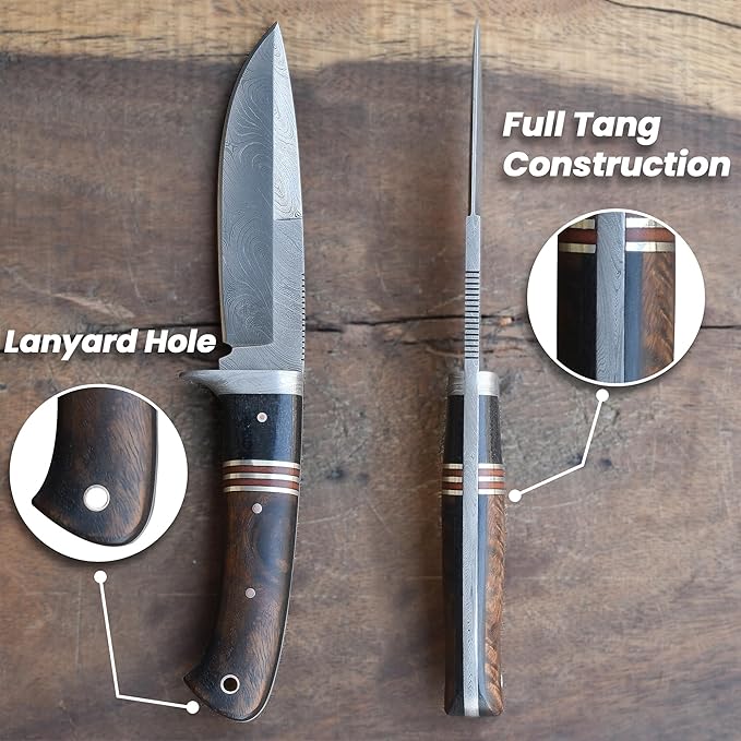 Knives Ranch Handmade 9-3/4" Hunting Knife - Full Tang Construction - Excellent Edge Retention - Rosewood Handle - Genuine Leather Sheath (3052-IRW)