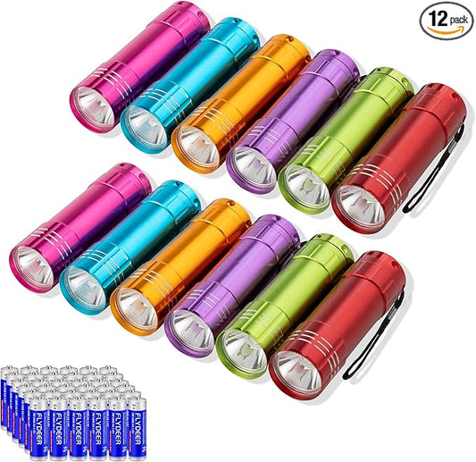 KunHe 12 Pack Party Favors Mini Small Led Aluminum Flashlight Bulk Lanyard 3AAA Battery Included for Kids Cheap Halloween Flashlights for Camping Power Outage Emergency Night Reading