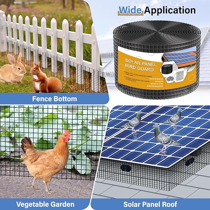 Solar Panel Bird Guard,8in x 100ft Critter Guard Galvanized PVC Coated Mesh Roll Kit,Black Pigeon Solar Panel Mesh with 70 Fastener Clips, Β½ inch Wire Critter Guard for Solar Panels
