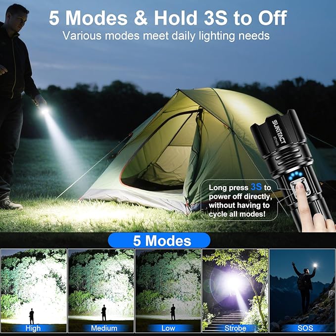 Flashlights High Lumens, Rechargeable Flashlight Led 2000 Lumen XHP70.2, Super Bright Flash Light, High Powered Handheld Flashlights for Emergency Camping Gift, IP67 Waterproof, Adjustable