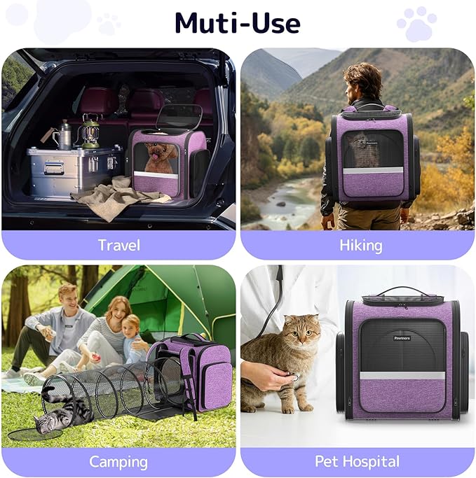 Pawtners Cat Backpack Carrier, Large Space Dog Backpack with Breathable Mesh, Expandable Pet Carrier Backpack for Small Medium Kitten Puppy Up to 18 Lbs, Suitable for Travel Hiking Camping Shopping