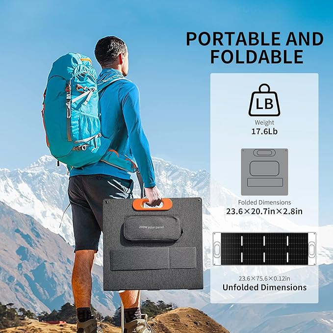 200W Solar Panel, High Efficiency Portable Solar Charger with Kickstand, MC4 Output,3-in-1 DC Connector, IP65 Waterproof for Portable Power Stations,Outdoor Camping, RV, Van, Emergency