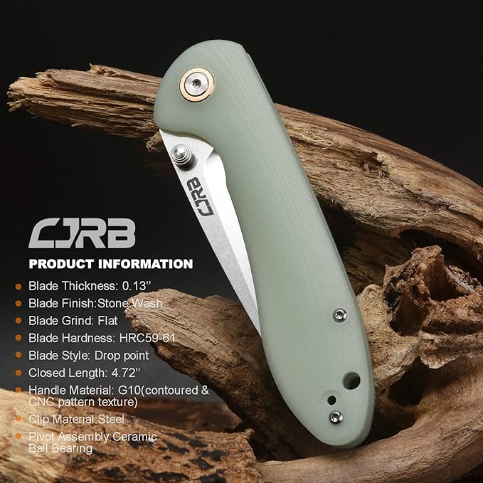CJRB Feldspar Pocket Folding Knife Stonewash AR-RPM9 Steel Blade G10 Tactical Handle EDC Knives Green-Large (J1912)