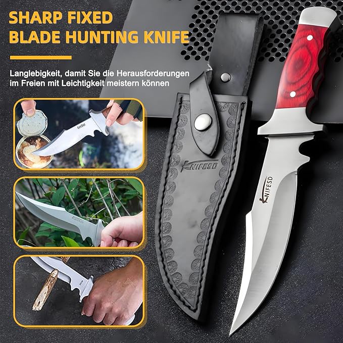 UMF Fixed Blade Knives with Sheath large Hunting Knife Full Tang Bushcraft Knives Skinning Knife Deer Hunting Knives, Big Camping Outdoor (b-red)