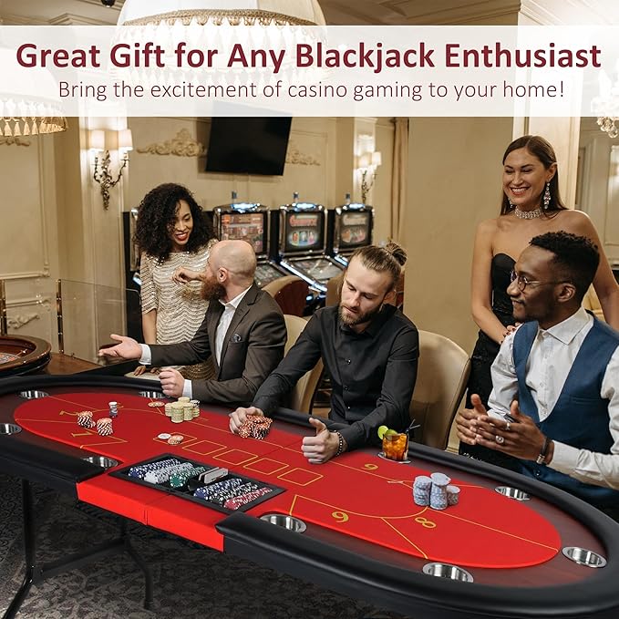 Upgrade 84" Folding Poker Table, 10 Players Oval Card Table with Stainless Steel Cup Holders & Padded Rails, Casino Leisure Felt Surface Texas Hold 'em Poker Table, Red