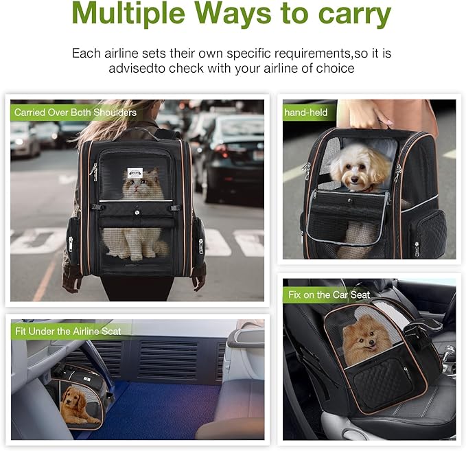 Lekebobor Large Cat Backpack Carrier Expandable Pet Carrier Backpack for Small Dogs Medium Cats Fit Up to 18 Lbs, Dog Backpack Carrier, Foldable Puppy Backpack Carrier for Travel,Quilted Black