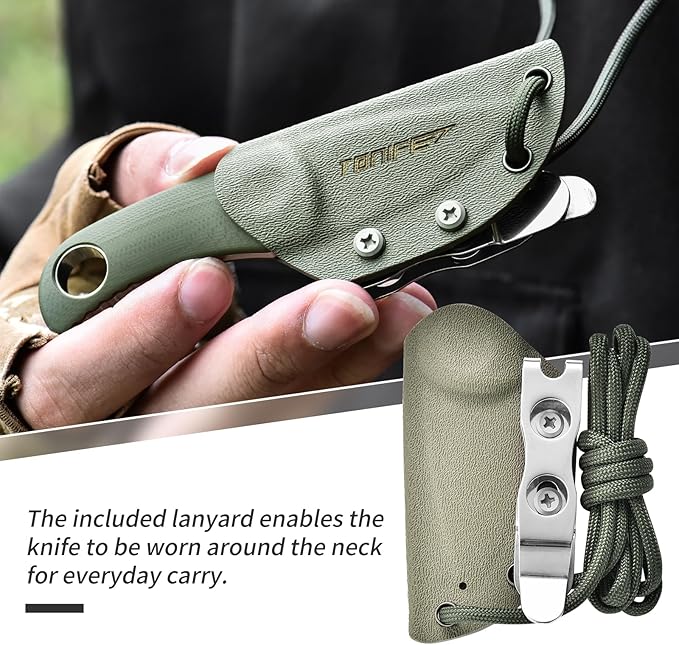 TONIFE Fixed Blade Knife 4.8cm, Mini Neck Knife with Kydex Sheath and Cord, EDC Portable Fixed Knife for Outdoor Survival