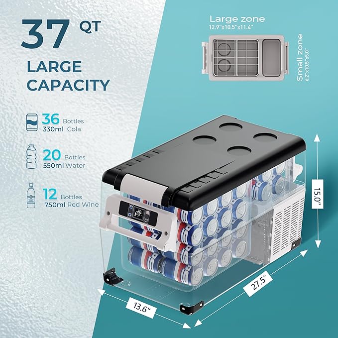 EUHOMY 12 Volt Refrigerator, 38QT(35L) Electric Cooler, 12V Fridge APP Control, 12V Cooler -4℉~68℉, Portable Freezer 12/24V DC 100-240V AC for Camping, Travel, Truck, Home