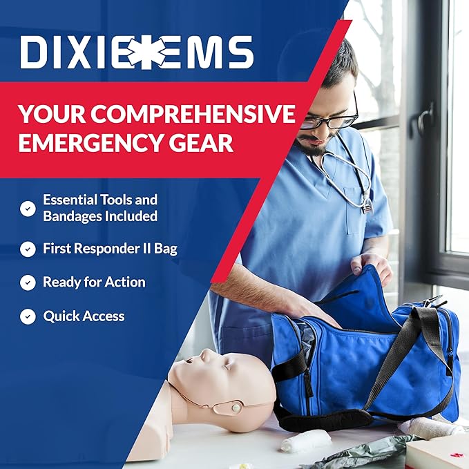 Fully Stocked Trauma First Aid Kit ??First Responder II Bag with Tools, Gauze, Bandages, Scissors & Gloves ??Compact & Portable ??OSHA and ANSI Compliant ??Blue