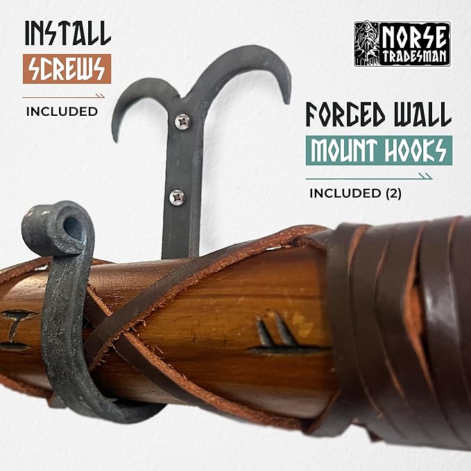 Two-Handed Viking Axe with 1095 Carbon Steel Axe Head - Includes Forged Iron Wall Mount Hooks (2) - Teakwood Shaft with Hand-Engraved Norse Runes | The Skeggøx