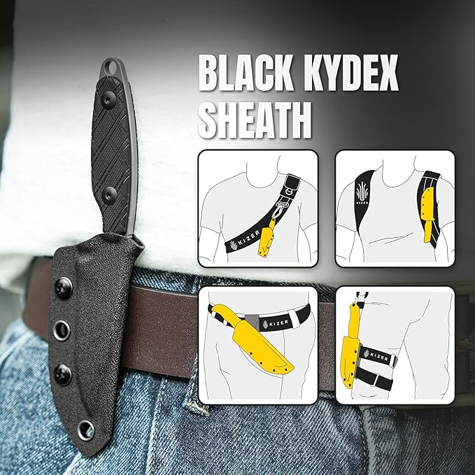Kizer Muskrat Fixed Blade Knife, 3.15 In D2 Blade EDC Knife Argyle Pattern Black G10 Handle Neck Knives for Men Women, Outdoor Hunting Hiking Survival Camping Knives with Sheath, 1064M3