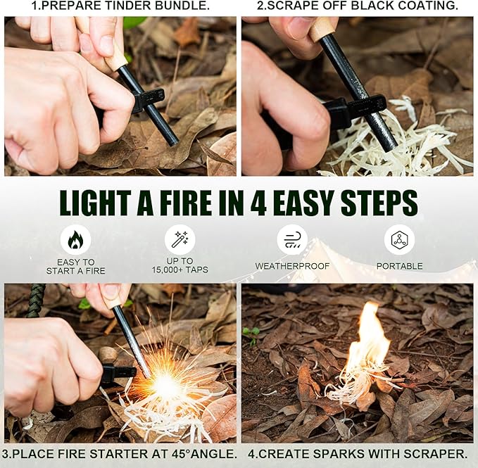 Ferro Rod Fire Starter – Carbon Steel Striker & Compass-Integrated Wooden Handle | Flint and Steel Survival Tool for Camping, Hiking, Emergency