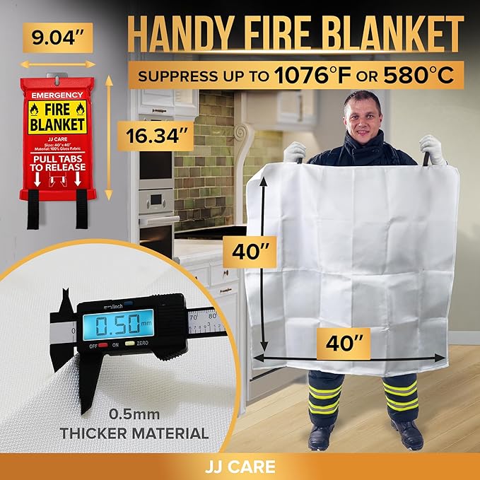 JJ CARE Fire Blanket – 9 Packs with Hooks and Gloves – 40” x 40” Fire Blankets Emergency for Home and Kitchen, High Heat Resistant and Flame Protection for Kitchen, Car, Office, Camping & Home Safety