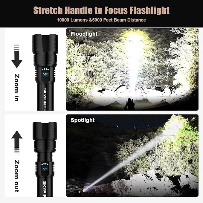 SKYFIRE LED Flashlight High Lumens,2000lm Super Bright Rechargeable Flashlight,Zoomable,Four Modes,Waterproof Flash Light for Camping Essentials,Outdoor and Home Emergencies&Gifts-No Lens