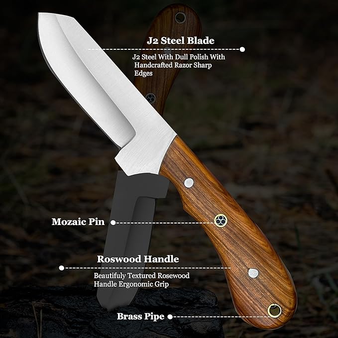 Cowboy Knives with Leather Sheath - 8??Sharp Handmade Steel Bull Cutter Knife - EDC Fixed Blade Hunting Knife for Skinning, Camping, Bushcrafting and Outdoor Activities, white, brown