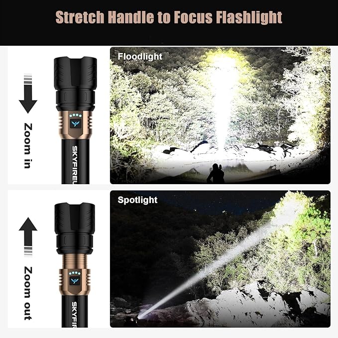 SKYFIRE LED Flashlights High Lumens with Ignition Lens,2000lm Super Bright Rechargeable Flashlight,Zoomable,Four Modes,Waterproof Tactical Flash Light for Camping Essentials,Outdoor,Home&Gifts