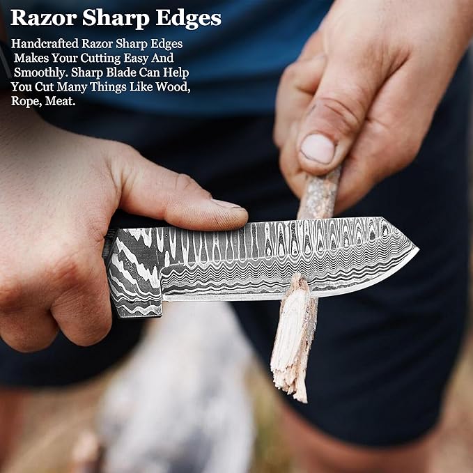 Cowboy Knives with Leather Sheath - 8??Sharp Handmade Damascus Bull Cutter Knife - EDC Fixed Blade Hunting Knife for Skinning, Camping, Bushcrafting and Outdoor Activities, white