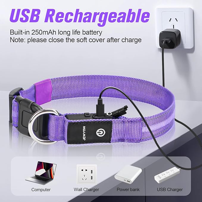 LED Dog Collar, Light Up Dog Collar, USB Rechargeable - Brightest Dog Lights for Night Walking, 6 Light Modes, Adjustable for Dog Safety(Large, Purple)