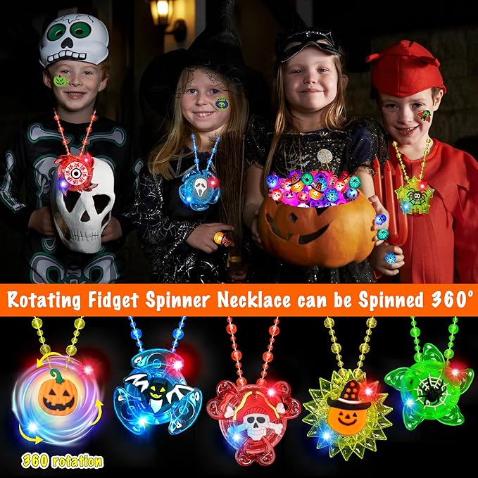 100PCS Halloween Party Favors for Kids Boys Girls, Glow LED Halloween Toys Bulk Light Up Necklace Rings Goodie Bag Fillers Stuffers Halloween Treats Non Candy Classroom Prizes Trick or Treat