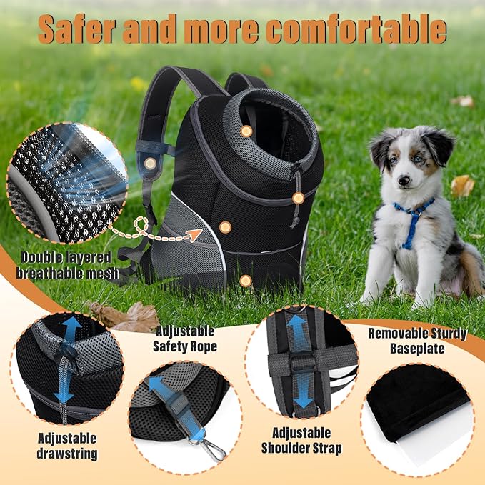 YUDODO Dog Front Carrier Backpack, Adjustable Breathable Pet Carrier for Small Dogs Cats, Ventilated Puppy Back Pack with Safety Belt, Lightweight Doggy Backpack for Hiking Outdoor (Black, Large)