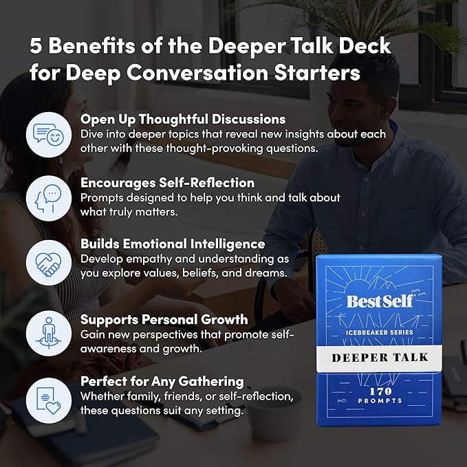 BestSelf Icebreaker Deeper Talk Deck - Conversation Starter Card Pack to Deepen Friendships with 170 Prompts to Create Real Conversations for Friends, Coworkers, Family, Dates