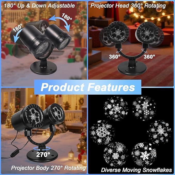 Snowflake Projector Christmas Lights Outdoor, Timer Double Head Projector Snowflake Light Waterproof, LED Rotating Snowfall Lamp for Holiday Party Yard Garden Indoor Christmas Decoration