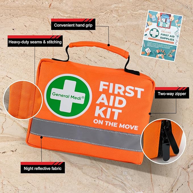 General Medi First Aid Kit - 150 Pieces Small Compact First Aid Kit Bag - Includes Instant Cold Pack, Emergency Blanket for Travel, Home, Office, Vehicle, Camping(Orange)