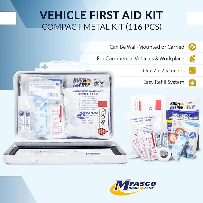 MFASCO Vehicle First Aid Kit - DOT/ANSI/OSHA Compliant - Metal - Portable & Mountable - Waterproof - First Aid Kits for Businesses, Construction, Commercial Vehicles, Workplaces - 115 Pcs
