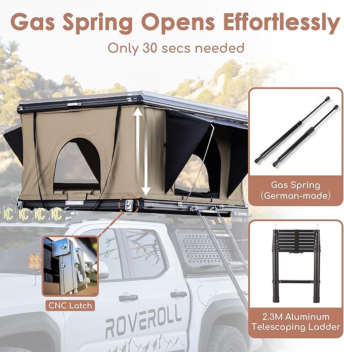Hardshell Rooftop Tent, Roof Top Tent for 2-3, with Aluminium Ladder, Skyview Window, Mattress, LED Light, Blackout-Coated for UV Protection, Waterproof, for Truck, Jeep, SUV, Van