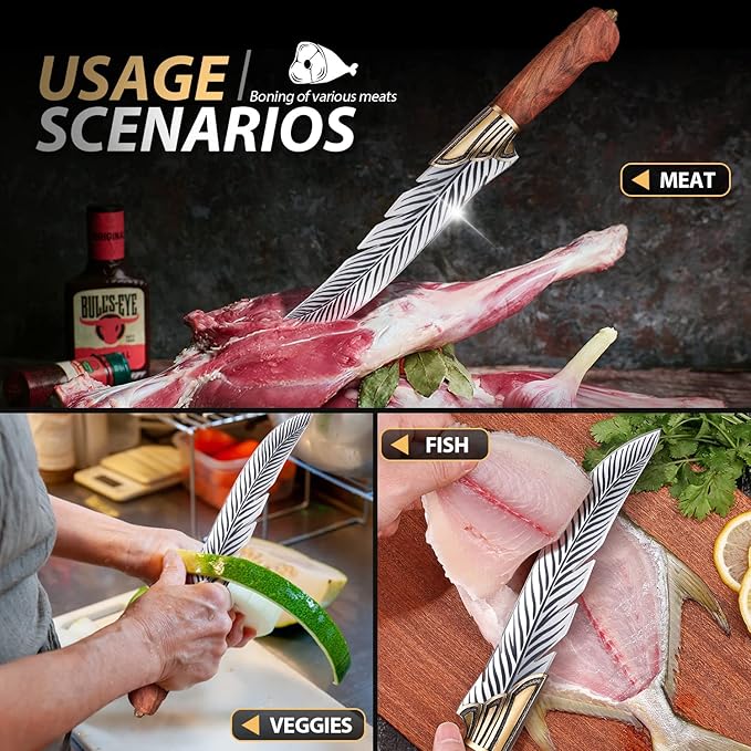 ROCOCO Feather Viking Knife Japanese Boning Knife with Sheath Outdoor Camping BBQ Collection Birthday Father Mother Christmas Gift Idea Men 6.5"