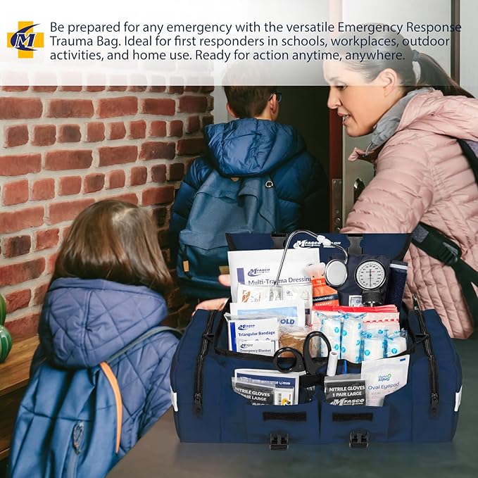 MFASCO First Aid Kit - Fully Stocked Portable Reflective Bag -First Responder Emergency Response Kit-for Natural Disaster Preparedness-Customizable Storage-Includes 415 Pcs First Aid Supplies- Blue