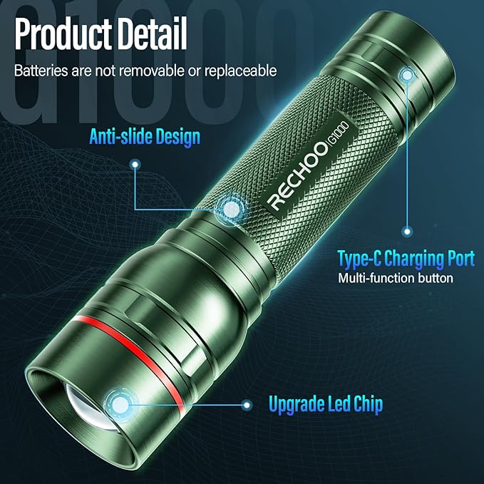 Rechargeable Flashlights High Lumens, G1000 Super Bright Flash Light, Small Zoomable LED Flashlight with 3 Lighting Modes, Portable Tactical Flashlight for Camping Essentials (Battery Included)-Green