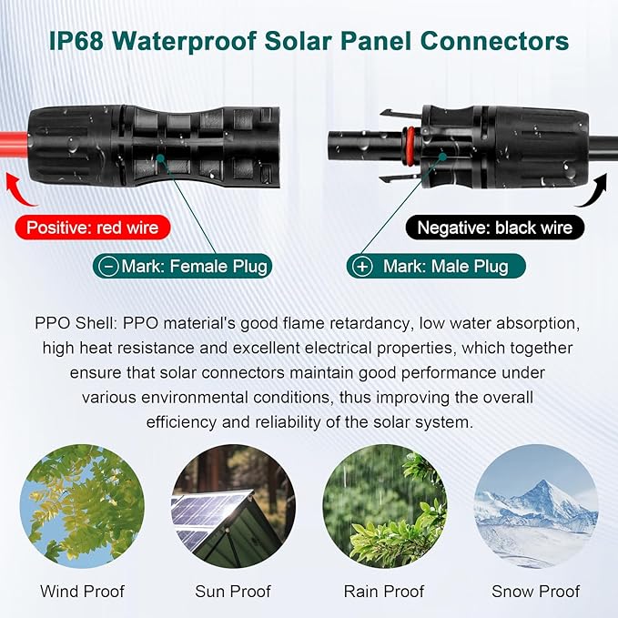 Solar Panel Extension Cable - 8AWG 15FT Solar Wire with Female & Male Waterproof Connector Flame Retardant Protective Sleeving PV Wire for RV, Photovoltaic Systems, Home, Boat, Solar Panels, Car
