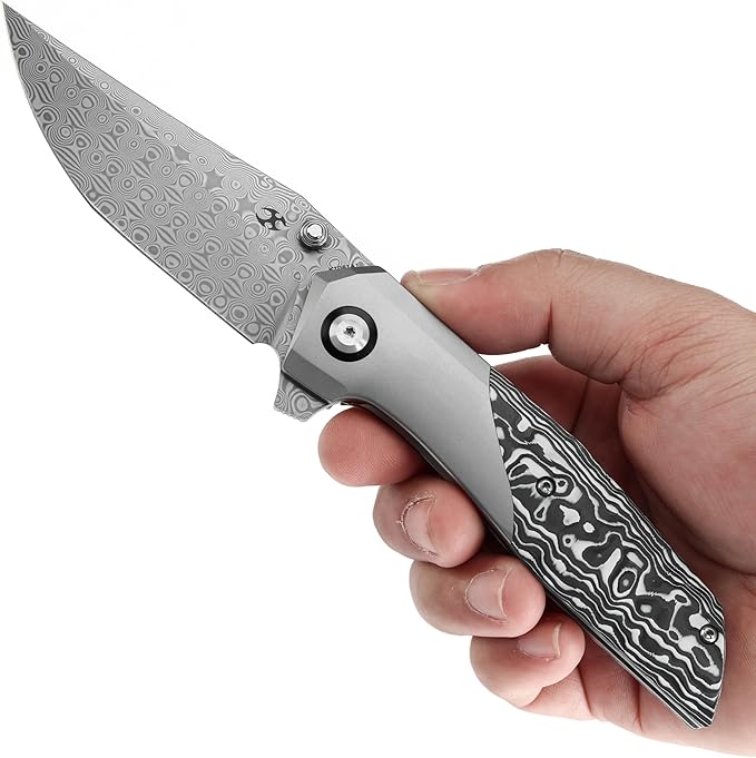 KANSEPT Deadite Pocket Folding Knives for Men Women Camping Hiking Folding Knife 3.52'' Damascus Blade EDC Knife with Beadblasted Titanium Carbon Fiber Handle Everyday Carry K1081A1