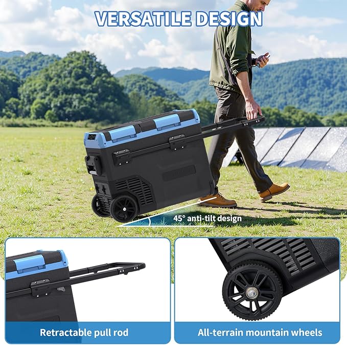 45L Dual Zone Car Refrigerator Freezer, -4℉~68℉, 48Qt Compressor Cooler with Reversible Door, Metal Handle, Dual Battery Slot, 100–240V AC / 12V / 24V DC Powered, LED Light – Ice Blue