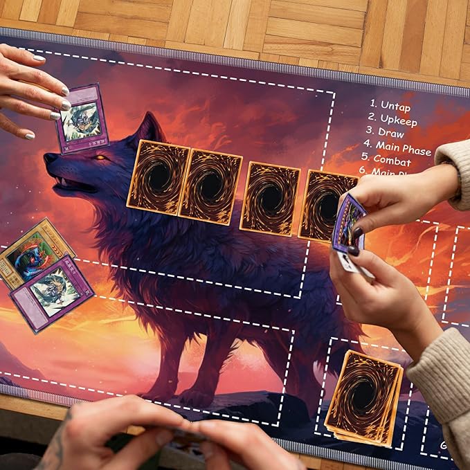 Playmat for MTG with Zones, 24 x 14 inches Game Play Mat for MTG TCG, Trading Card Game Play Mat Desk Mats with Stitched Edges Non-Slip Base, Fire Wolf