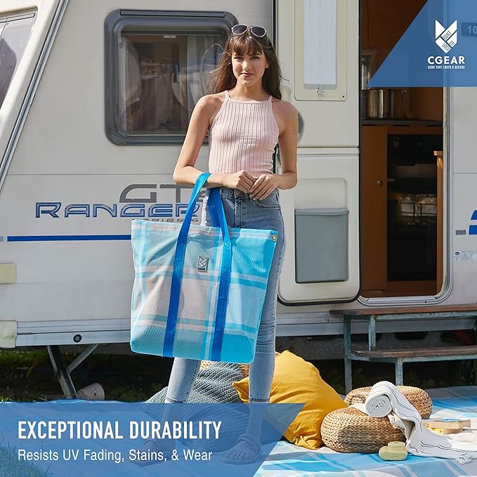 CGEAR RV Comfort Mat – Patented Sand-Free Technology with Ultra Soft Material – Sized to Your RV, Campsite, Beach House – Great Outdoor Patio Rug for RV and Camping (Navy Dynamic Stripe, 8' x 11')