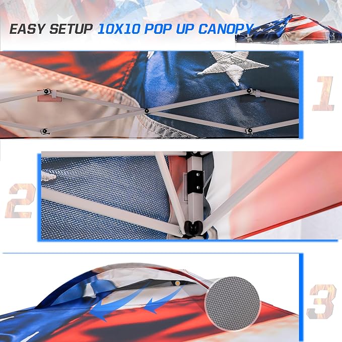 EAGLE PEAK Pop Up Canopy Tent with Wheeled Carry Bag, 8 Stakes, 4 Ropes, 4 Weight Bags, Easy Set Up Tent Canopy, 10x10 ft, 100sqft of Shade, Stars and Stripes