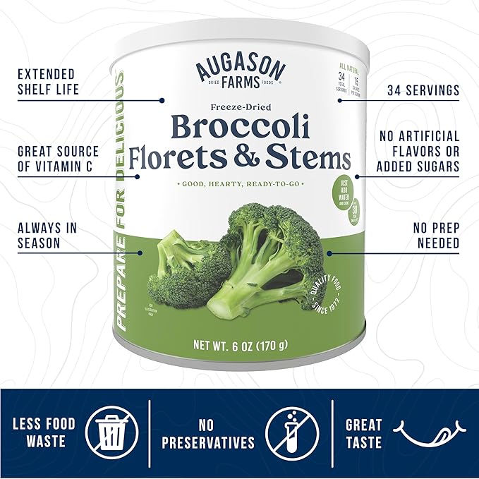 Augason Farms Freeze Dried Broccoli Florets & Stems Can, Emergency Food Supply, Everyday Meals, 34 Servings