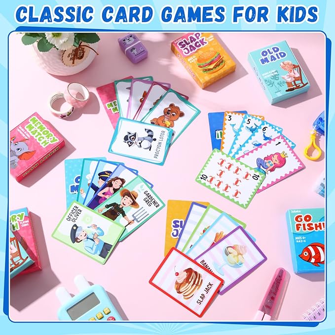 Zubebe 16 Decks Kids Card Games Bulk Classic 4 In1 Includes Go Fish, Old Maid, Memory Match, Slap Jack Playing Card Game Set for Toddlers Family Game Night Basket Stuffers Party Favors