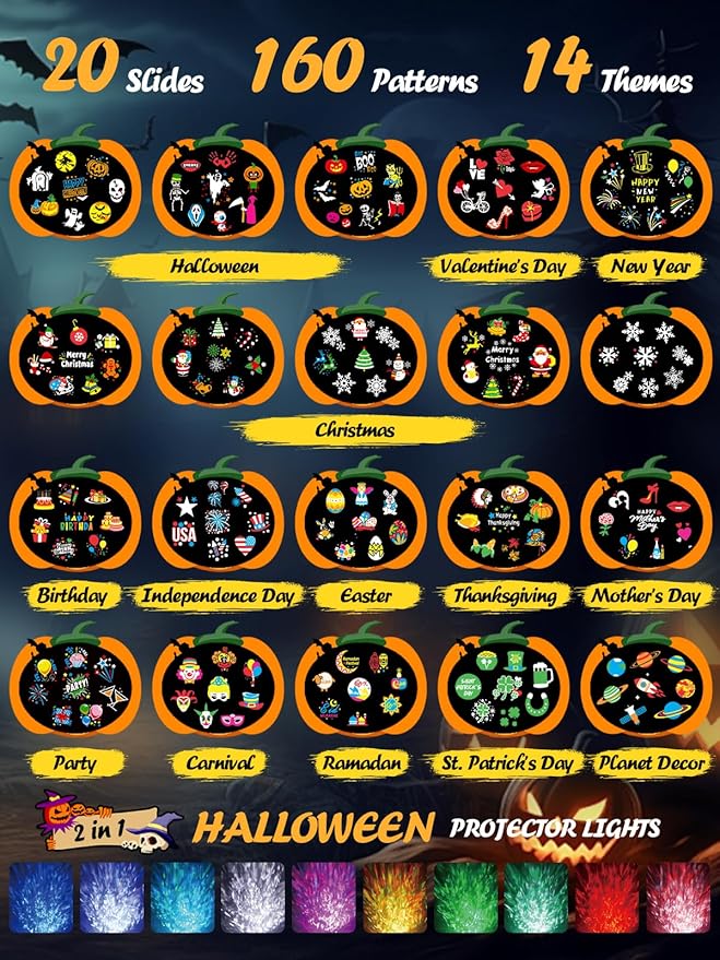 8-Pattern Halloween Projector Lights Outdoor, Anysun Brighter 160 HD Patterns Halloween Decor, 2-in-1 Ocean Wave Snowflake Christmas Projector Waterproof with Timer for Garden Party Landscape Show