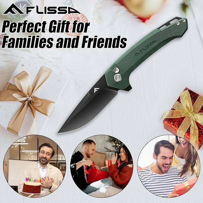 FLISSA Pocket Folding Knife, 3.2??D2 Blade G10 Handle EDC Knife with Button Lock and Pocket Clip for Hunting, Camping, Survival, Outdoor Activities(Green)