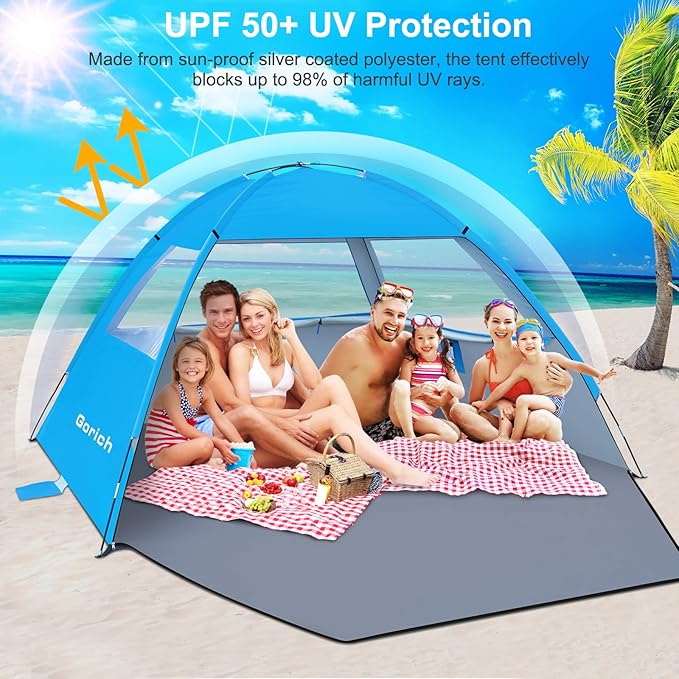 Gorich Beach Tent Sun Shelter for 3/4-5/6-7/8-10 Person with UPF 50ï¼?UV Protection, Lightweight & Easy Setup Beach Shade Canopy, Portable Beach Shade Tent Beach Cabana
