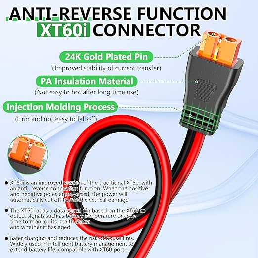 Solar to XT60i Extension Cable 12AWG 20FT XT60i Female to Male Connector for RV Foldable Solar Panel, Portable Power Station, Solar Generator